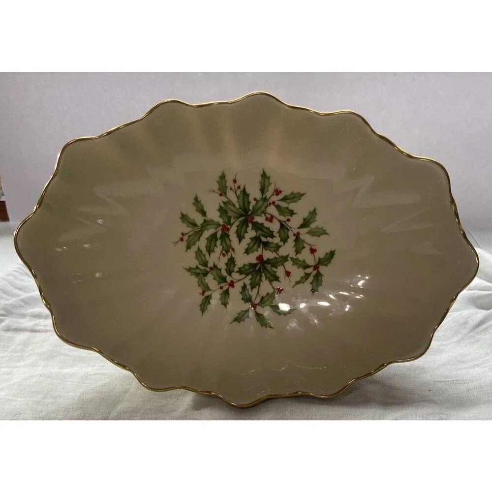 Vintage Lenox Holly And Berry Christmas Centerpiece Bowl Footed With Gold Trim